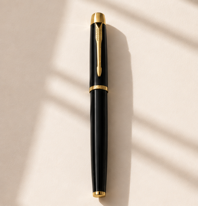 A luxury fountain pen with a glossy black barrel and polished gold trim is shown in a multi-panel lifestyle collage. The pen is displayed alongside matching stationery, including an open notebook with elegant script, a passport, and a small gold compass, all arranged on a warm beige surface with soft window shadows.