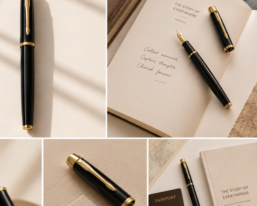A luxury fountain pen with a glossy black barrel and polished gold trim is shown in a multi-panel lifestyle collage. The pen is displayed alongside matching stationery, including an open notebook with elegant script, a passport, and a small gold compass, all arranged on a warm beige surface with soft window shadows.