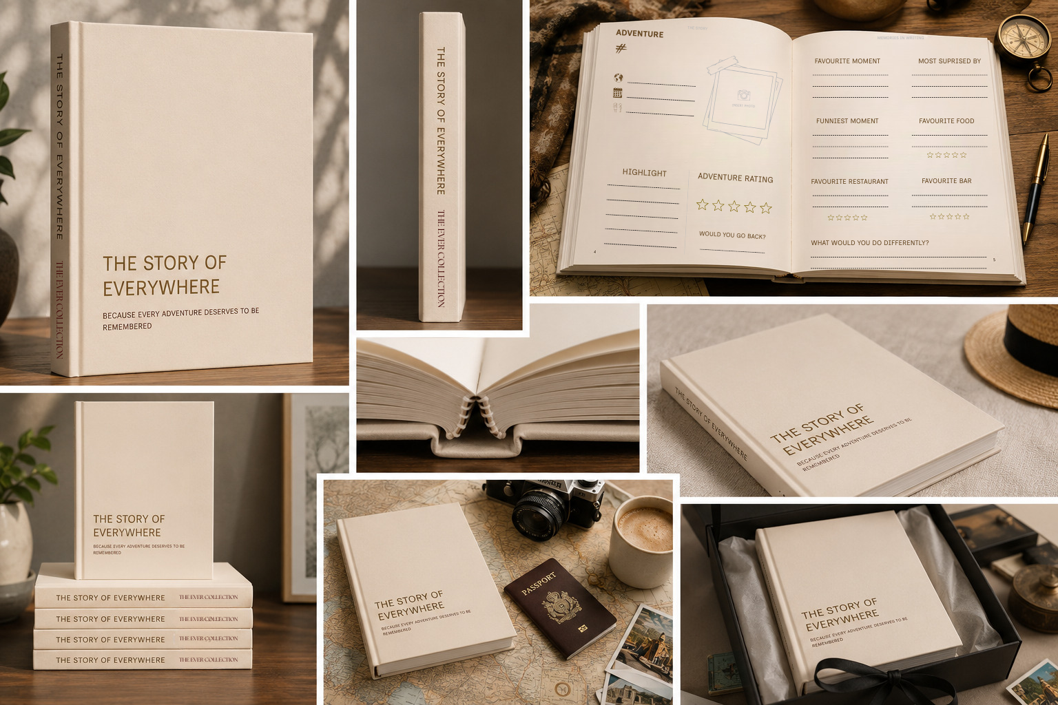 A collage showing a hardcover journal titled "The Story of Everywhere" in multiple views: closed on a shelf, standing upright, open with lined pages, stacked on top, and inside a gift box. The cover is warm off-white/cream with dark gold text, and the pages are cream with black text.