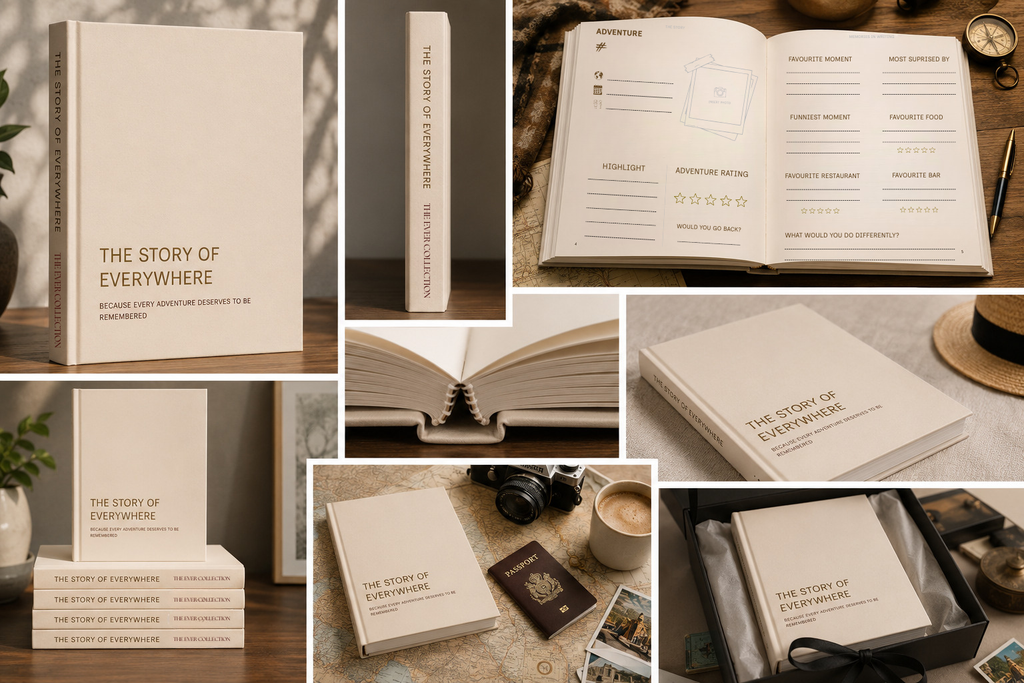 A collage showing a hardcover journal titled "The Story of Everywhere" in multiple views: closed on a shelf, standing upright, open with lined pages, stacked on top, and inside a gift box. The cover is warm off-white/cream with dark gold text, and the pages are cream with black text.