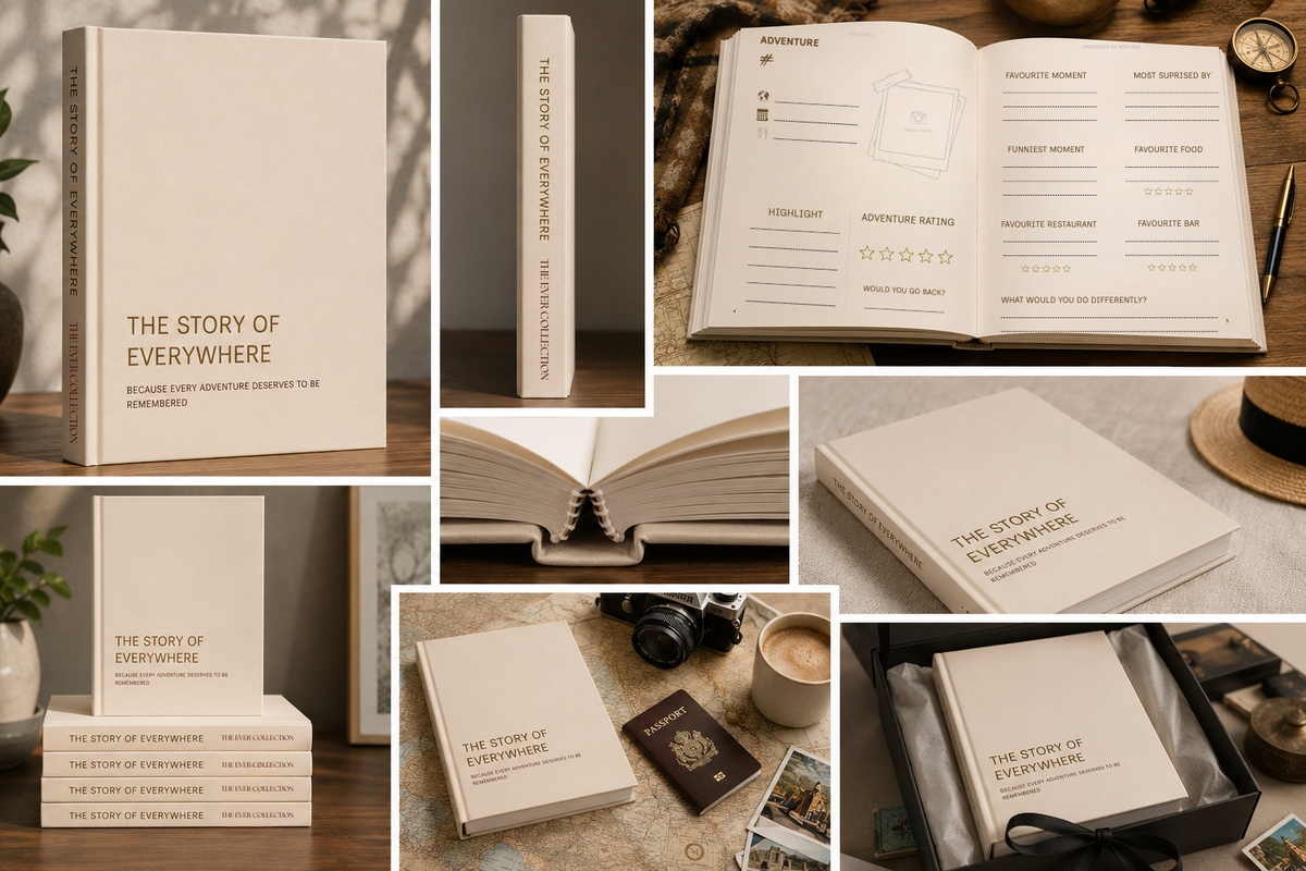 A collage showing a hardcover journal titled "The Story of Everywhere" in multiple views: closed on a shelf, standing upright, open with lined pages, stacked on top, and inside a gift box. The cover is warm off-white/cream with dark gold text, and the pages are cream with black text.