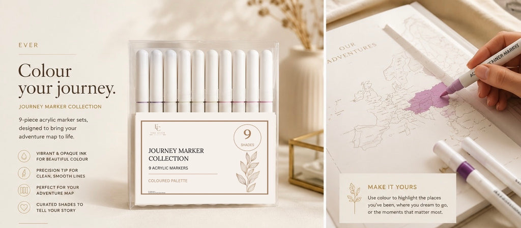 A set of 9 JOURNEY Marker Collection acrylic markers in a cream-colored box, shown alongside a hand coloring in a notebook with a purple marker. The left side features warm beige background graphics with product details, and the right side shows the markers in use.