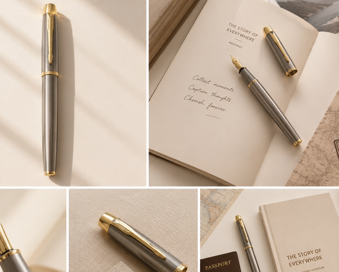 A luxury fountain pen with a brushed silver-gray body and gold accents, shown in multiple elegant flat-lay and close-up views alongside books, a passport, and stationery.