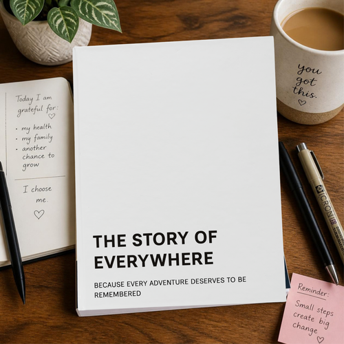 A white hardcover journal titled 'THE STORY OF EVERYWHERE' with black text, styled on a wooden desk with a coffee mug, pens, sticky notes, and a notebook.